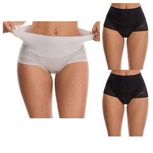 INSPIRE CHIC Women's Hi-Cut Satin High Waisted Lace Trimmed Tummy Control Underpants Briefs 3 Packs - 1 of 4