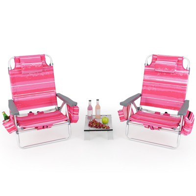 Tangkula 2PCS Folding Backpack Lay Flat Beach Chairs Table Set 5-Position Outdoor Reclining Chair Hot Pink