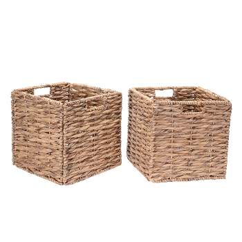 Set of 2 Handmade Wicker Baskets - 12-Inch Square Foldable Storage Bins with Handles - Made of Hand-Twisted Water Hyacinth by Villacera (Natural)