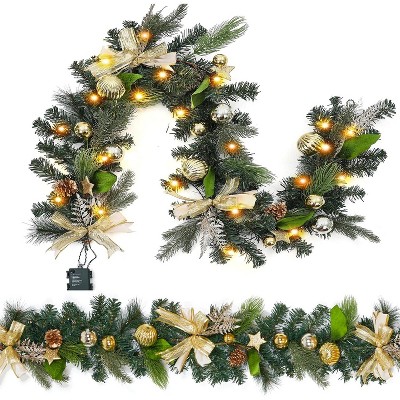 6 FT Pre-lit Christmas Garland, Artificial Xmas Garland with 20 LED Lights, Gold Decorations with Ribbon, Balls, Pine Cones & Stars for Mantel Stairs