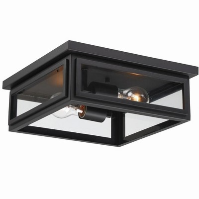 Matte Black and Clear Glass 2-Light Outdoor Flush Mount