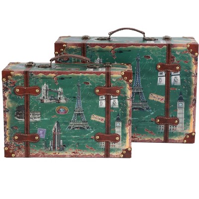 Vintiquewise Set of 2 European Landmarks Vintage Wooden Luggage with Leather Straps and Handle