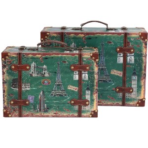 Vintiquewise Set of 2 European Landmarks Vintage Wooden Luggage with Leather Straps and Handle - 1 of 4