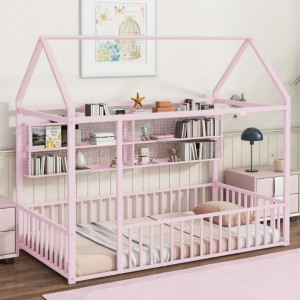 Twin Size Metal Bed Frame with House Design, Fence Detailing, and Storage Shelves - 1 of 4