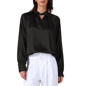 INSPIRE CHIC Women's Satin V Neck Keyhole Long Sleeves Elegant Blouse - 1 of 4