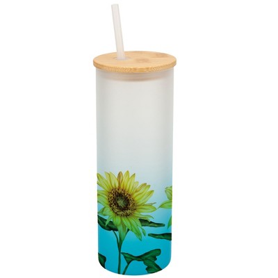 Elanze Designs Happy Yellow Sunflowers Flower Garden Wrap-Around Design 25 Ounce Frosted Gradient Glass On-The-Go Coffee Travel Skinny Tumbler Mug