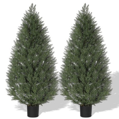 4 FT Artificial Topiary Cedar Trees, 2 Pack UV Resistant Fake Plants with Pot & Moss for Outdoor Indoor Front Porch Decor