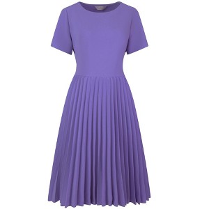 Hobemty Women's Pleated Knee Length Short Sleeve Work A-Line Dress - 1 of 4