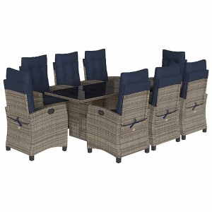 vidaXL 9-Piece Outdoor Patio Dining Set - Gray Poly Rattan with Navy Cushions, Adjustable Reclining Chairs, and Tempered Glass Table - 1 of 4