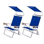 Copa Big Tycoon Aluminum and Wood 4 Position Portable Folding Lounge Chair w/ Canopy and Cupholder for Beach, Lake, Park, and Backyard, Blue (2 Pack)