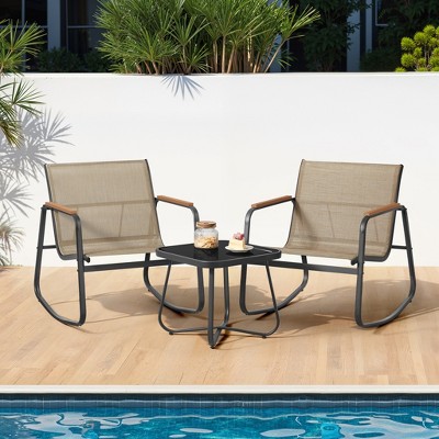 3-Piece Outdoor Patio Set with 2 Rocking Chairs & Table, Steel Frame, Breathable Synthetic Fabric, Garden & Backyard