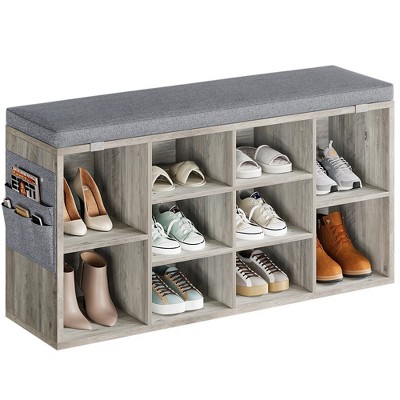 WhizMax Grey Shoe Bench Cubby Organizer with 10 Cubbies, Foam Pad Seating Cushion, 3-Tier Adjustable Shelf for Hallway Bedroom Living Room Dorm