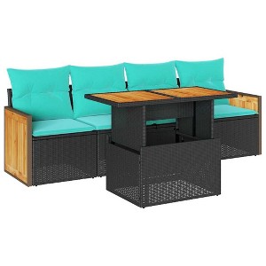 vidaXL 5 Piece Patio Sofa Set with Cushions Black Poly Rattan Acacia - 1 of 4