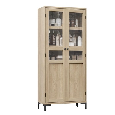 Tall Storage Cabinet,2 Glass Doors, Kitchen Pantry 5 Tier Bathroom Cabinet with Adjustable Shelves