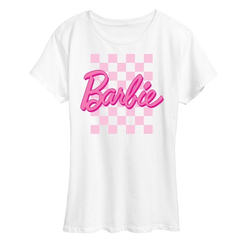 Women s Barbie Retro Checkered Pink Logo Short Sleeve Graphic T Shirt White Small