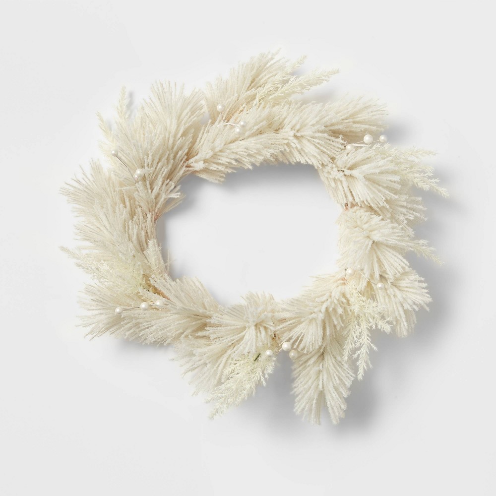 22" Flocked Faux Pampas Grass Hard Needle Artificial Christmas Wreath with Pearl Berries Ivory - Wondershop