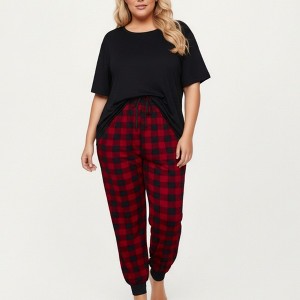 Anna-Kaci Lounge Women's 2-Piece Set Short Sleeve Knit Top and Plaid Jogger Pajama Pants with Soft Stretch Fabric and Tapered Fit - 1 of 4
