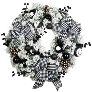 Northlight Flocked Pine with Harlequin Bows and Ornaments Christmas Wreath - 24" - Unlit - 1 of 4