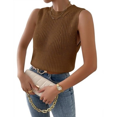 Women's Slit Hem Sleeveless Round Neck Knitted Sweater Vest Tank Top