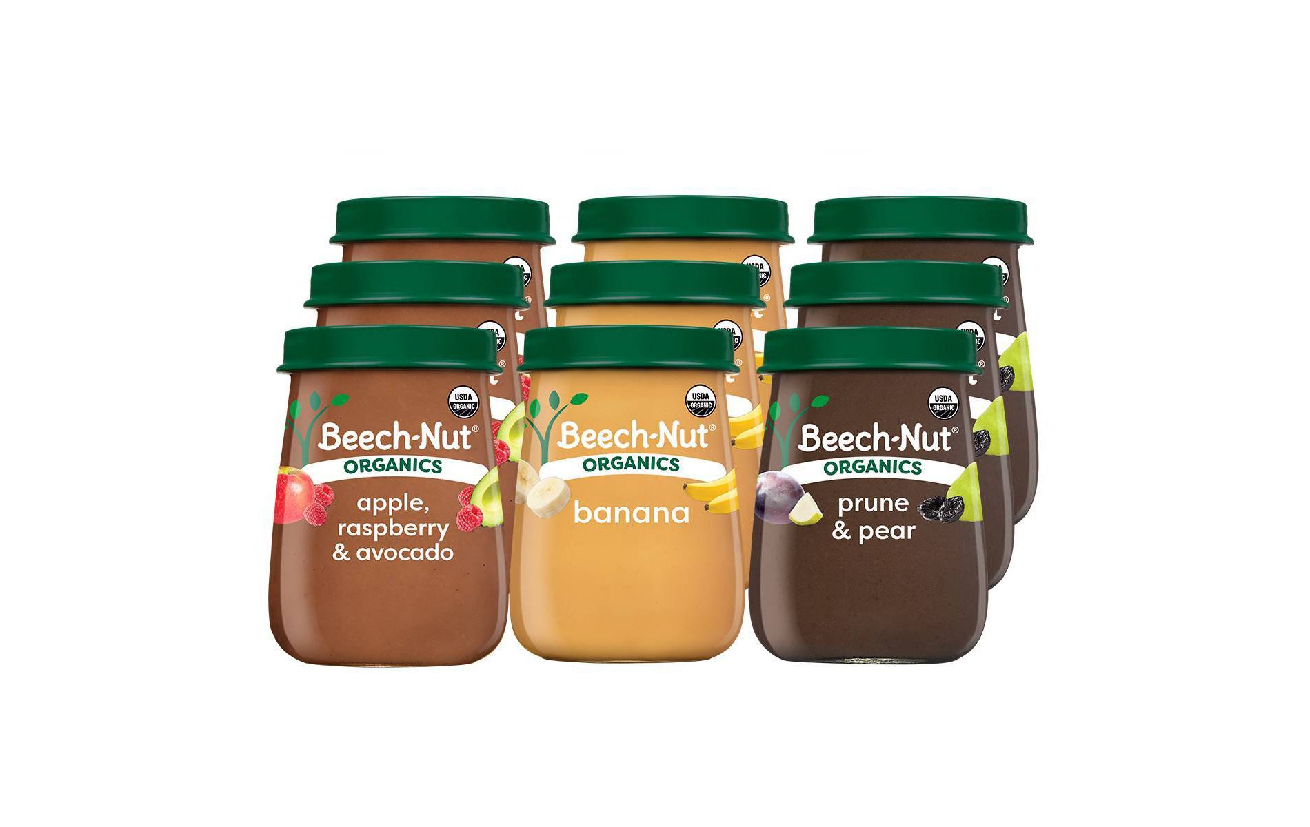 Beech-Nut Non-GMO Organics Bananas Baby Food Jar 4oz + 4oz Prune & Pear Baby Food Jar + 4oz Apple Raspberries & Avocado Baby Food Jar
