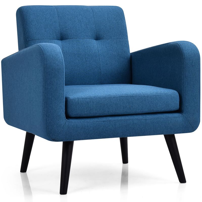 Costway Mid Century Accent Chair Fabric Arm Chair Single Sofa w/Rubber Wood Legs Blue\Grey, 1 of 11