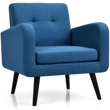 Costway Mid Century Accent Chair Fabric Arm Chair Single Sofa w/Rubber Wood Legs Blue\Grey
