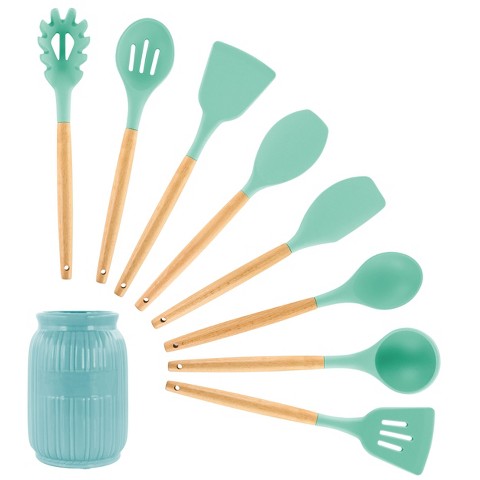 MegaChef 9 Piece Mint Green Silicone and Wood Cooking Kitchen Utensil Set