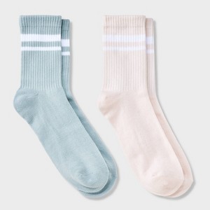 Girls' 2pk Striped Mid Crew Socks - art class™ Rose Pink/Blue Haze - 1 of 3