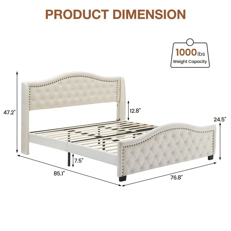 Queen King Bed Frame, Upholstered Platform Bed with Wingback Tall Headboard and Button Tufted Design, Wood Slat Support, No Box Spring Needed, Beige, 2 of 9