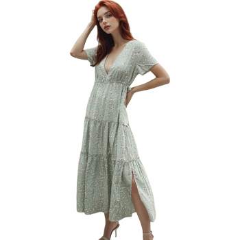 Anna-Kaci Women's V-Neck Short Sleeve Ruffle Detail Side Slit Floral Print Maxi Dress