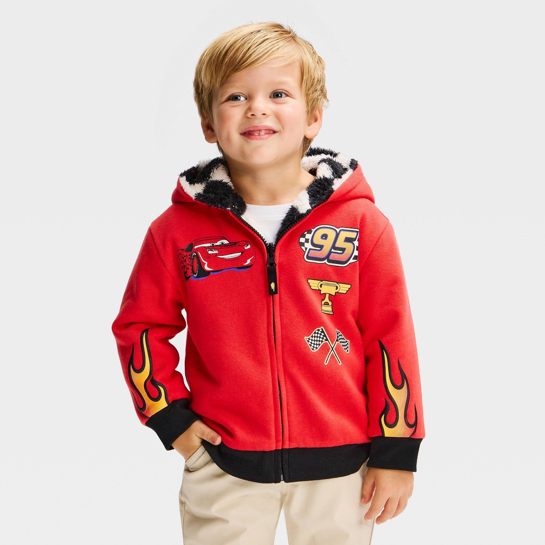 Toddler Boys' Disney Cars Lightning McQueen Plush Reversible Zip-Up Sweatshirt - Red