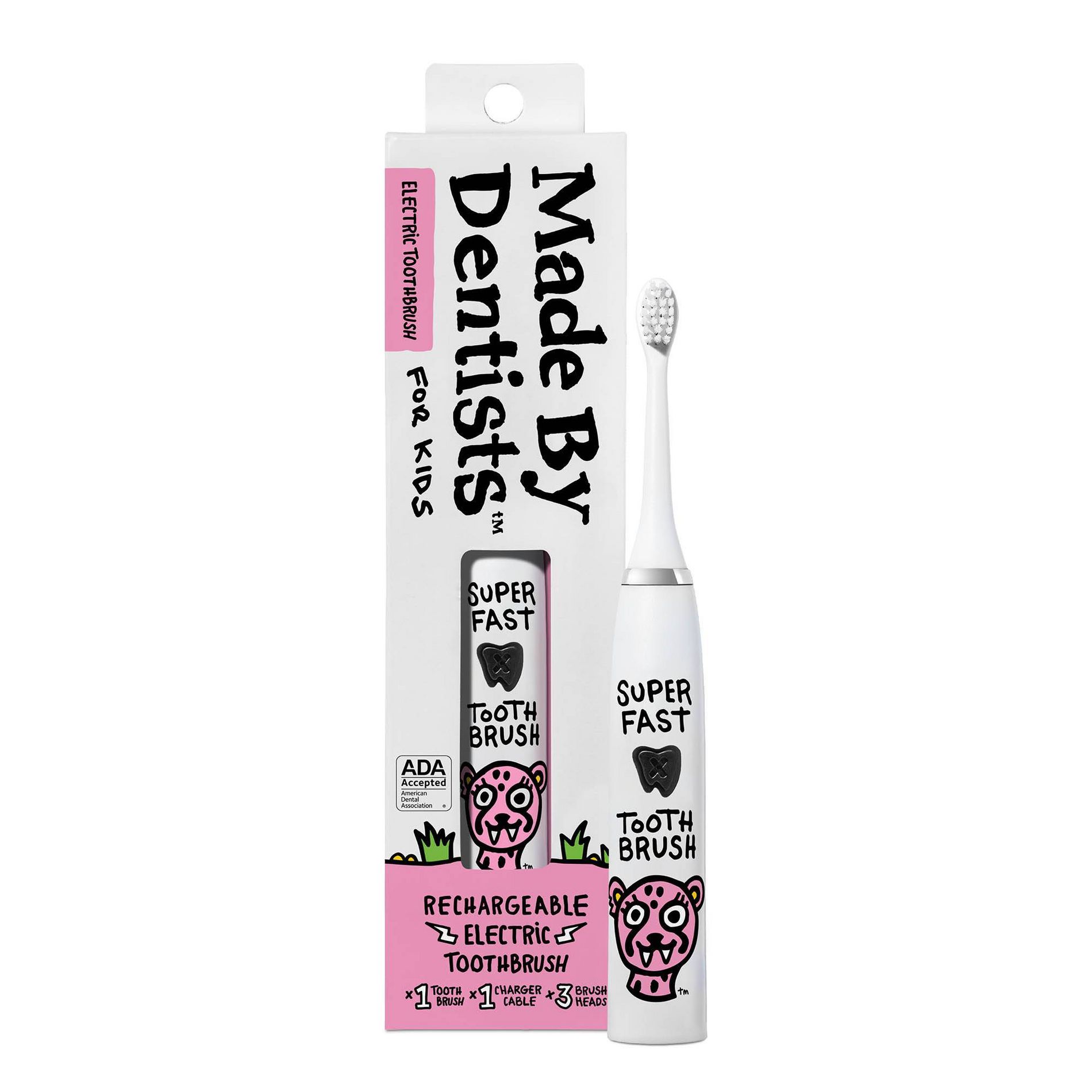 Made By Dentists Kids Rechargeable Electric Toothbrush with 2 Replacement Toothbrush Heads and Charger - Cheetah
