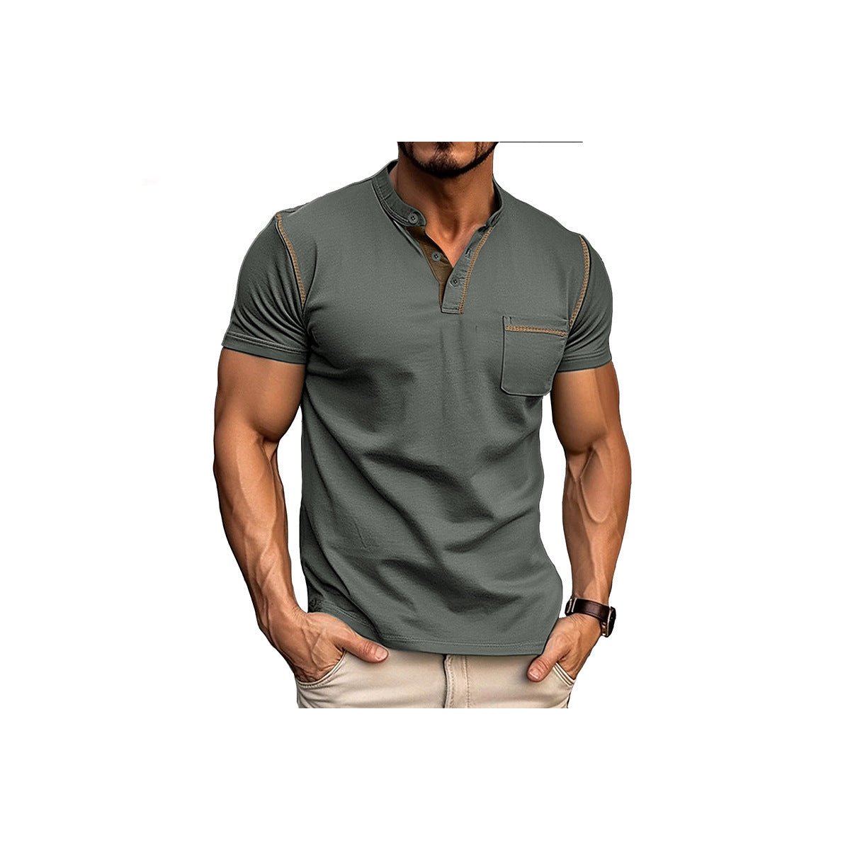 Мужские рубашки Attraco Men's Short Sleeve Henley Shirt with Chest Patch Pocket & Tailored Stitching Tops Black L — фото 2