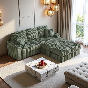 84" Corduroy 3-Seater Sectional Sofa with 2 Ottomans & Storage - 1 of 4