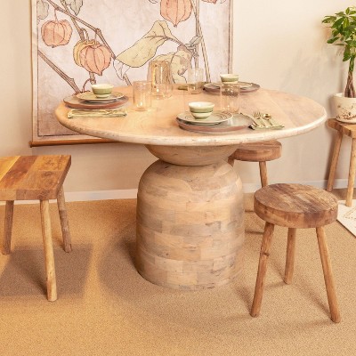 Round Whitewashed Mango Wood Pedestal Dining Table
