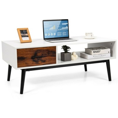 Costway Modern Coffee Table Wood Sofa Table w/ Open Storage Shelf & Drawer for Living Room