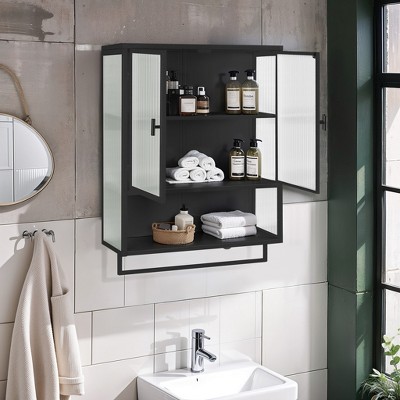 DOMETOUR 23.62" Glass Doors Modern Two-door Wall Cabinet with Open Shelf and Towel Rack for Entryway Living Room Bathroom Dining Room