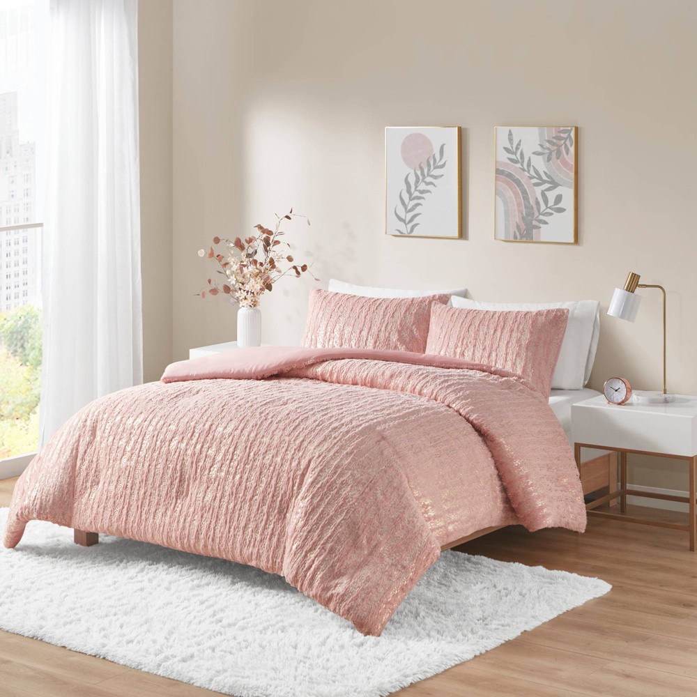Photos - Bed Linen Twin/Twin Extra Long Madelyn Metallic Print Faux Fur Comforter Set Blush/G