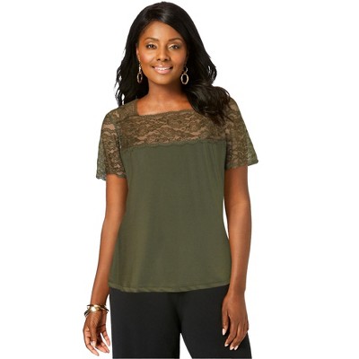 Jessica London Women's Plus Size Stretch Lace Neckline Top