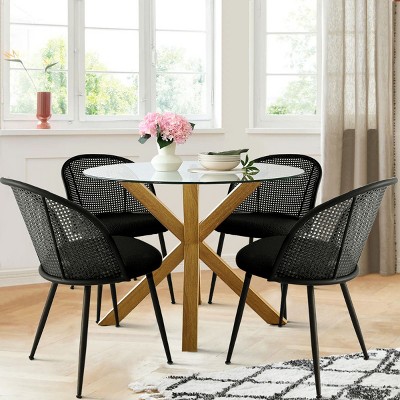 5-Piece DIning Set for 4, Glass Round Dining Table Set with Bouclé Fabric Mesh Rattan Backrest Dining Chair, DIning Room Furniture - Maison Boucle