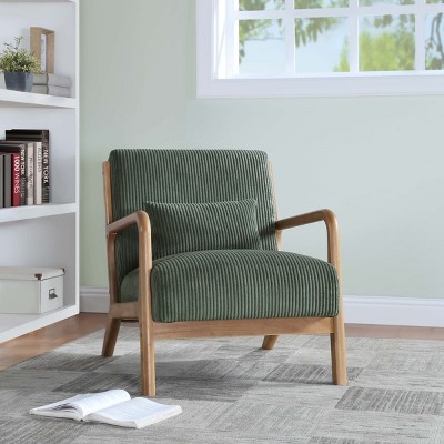 Natural Wooden Lounge Chair with Ribbed Corduroy Upholstery and Cushion for Living Room, Bedroom or Reading Corner-The Pop Home