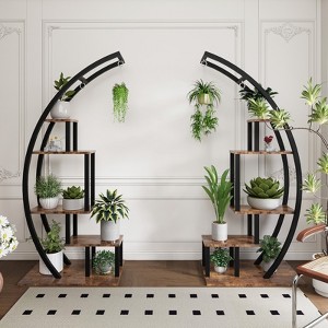 5-Tier Large Half Moon Plant Stand Ladder, Multi-Purpose Curved Flower Pot Display Shelf with Hanging Hooks for Indoor & Outdoor Use, Brown - 1 of 4