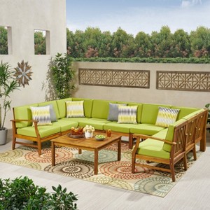 10pc Perla 10pc Acacia Wood Patio Seating Set - Teak/Green - Christopher Knight Home - 1 of 4