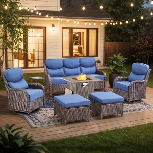Buenhomino 7 Piece Wicker Outdoor Furniture Set with 6-inch Thick Cushion, High Back Patio Furniture Set with Swivel Rocking Chairs and Fire Pit Table - 1 of 4