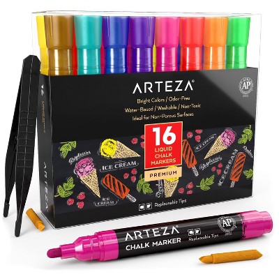 Arteza Bright Liquid Chalk Markers Set with Replaceable Tips, 50 Labels, 2 Stencils, and Tweezers  - 16 Pack (ARTZ-8590)