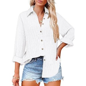 Zeagoo Womens Button Down Shirts Long Sleeve Dress Shirt Textured Collared Work Blouse Dressy Casual Tops with Pocket - 1 of 4