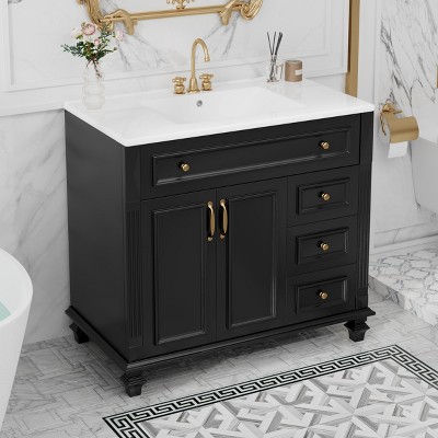 36" Bathroom Vanity with Sink, Freestanding White Cabinet with Gold Hardware, Ceramic Top, Flip Drawer, Soft-Close Doors