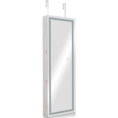 Tangkula Lockable LED Mirrored Jewelry Cabinet Touch Sensor Lighting Full Length Mirror Organizer