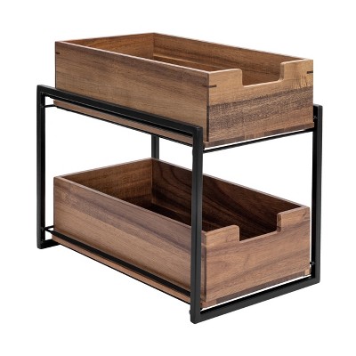 Seville Classics Acacia Wood 2-Tier Sliding Kitchen Pantry Storage Organization Baskets, 9" W x 14" D x 12.5" H — фото 6