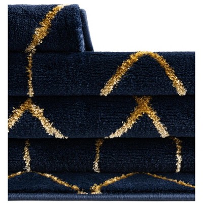 Navy Blue and Gold Trellis Synthetic Rectangular Rug